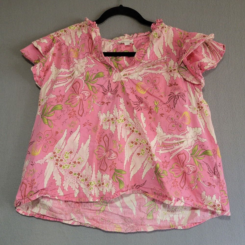 Jennifer & Grace Pink Floral Cotton Flutter Sleeve Boho‎ Blouse Large
